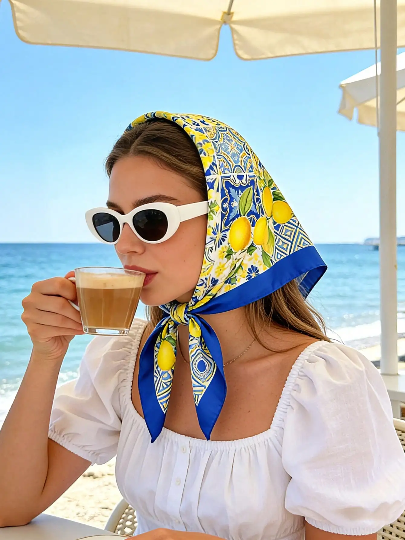 

1pc Women's Spring New 70cm Silk Satin Scarf, Blue Lemon Flower Print, Versatile Daily Accessory, Suitable For All Seasons, Ideal Gift For Friends, Valentine's Day Or Beach Accessories