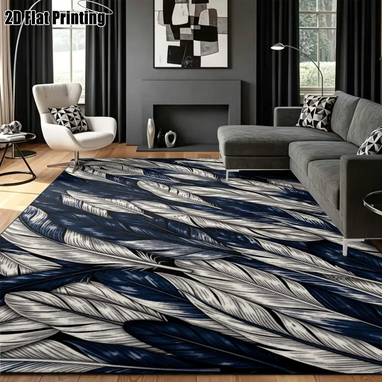 1Pc 2D Printed Navy Blue White Feather Pattern Carpet, Modern Simple Nordic Instagram Style, Home Decor, Multi-Size Machine Washable, for Entrance, Dining, Foyer, Study, Living Room, Bedroom