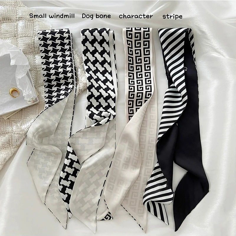 Luna&Dolphin Women Spring Skinny Long Scarf  Black Strip Geometry Print Chiffon Silk Tie Bag Ribbon Headband Choker