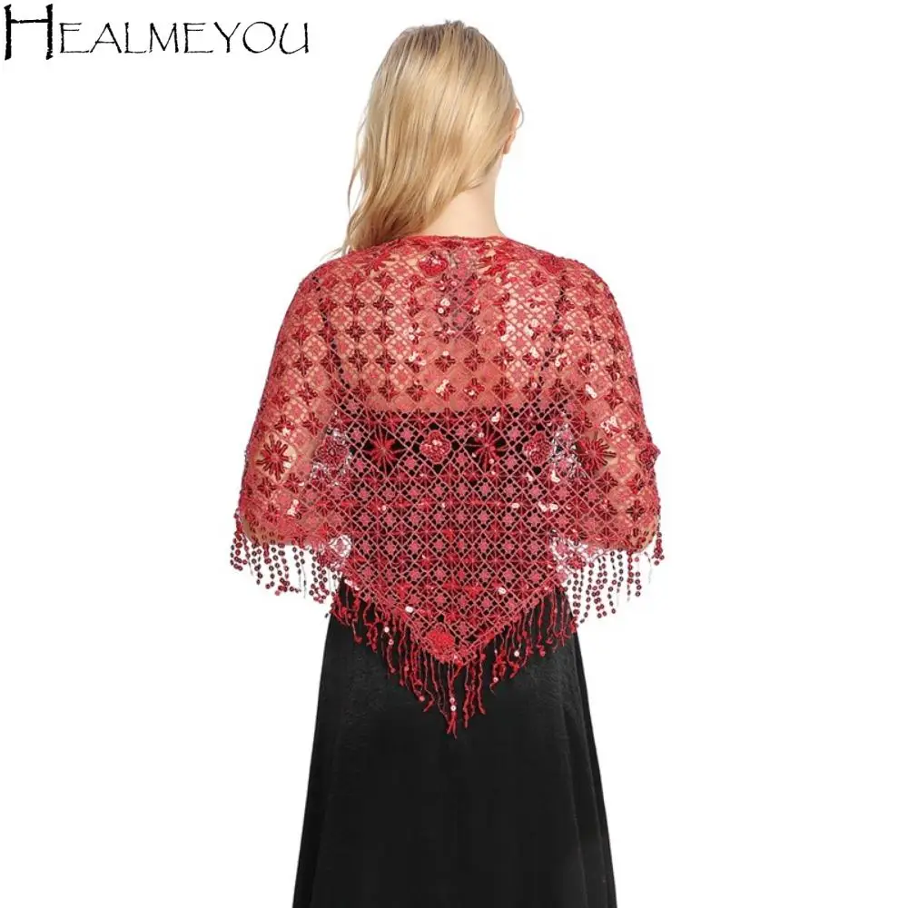 

Party Sequins Sequins Tassel Shawls Tassels Hollow Out Triangle Shawl Dance Accessories Capes Belly Dancing Scarf For Women