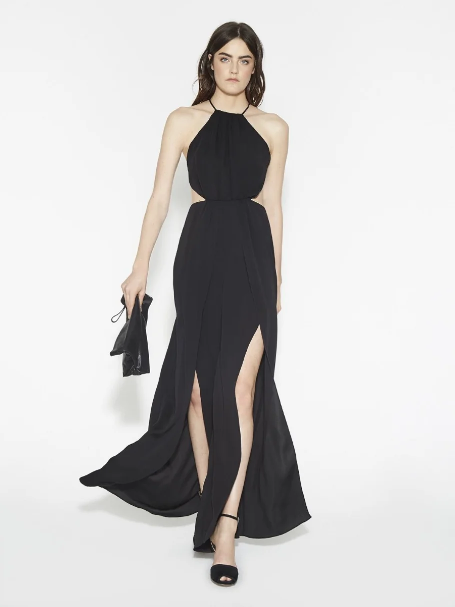 

High Waist One-Piece Pants with Front Split And Sa Ba Tie in Two Colors High Waist Polyester Blend Fiber Ladies Casual Pants