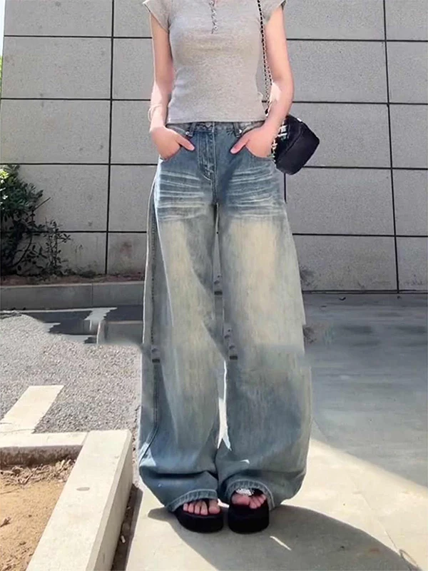 

Slimming American Style Thin Denim Jeans High Waist Loose Wide Leg Pants Casual Cotton Blend Spring Summer New Arrival