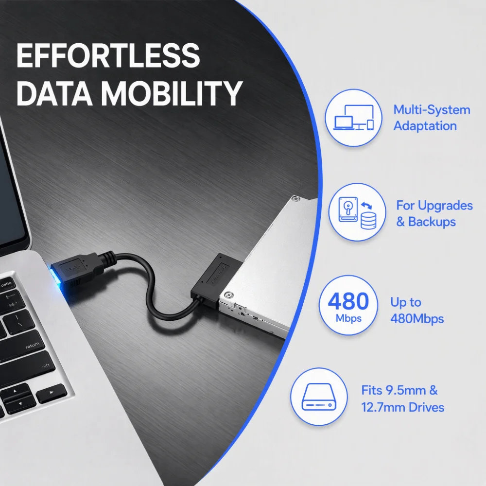 USB 3.0 Slimline SATA Adapter USB 2.0 5Gbps Speed Optical Drive Adapter Plug and Play Hot Swap Support USB to SATA Cable