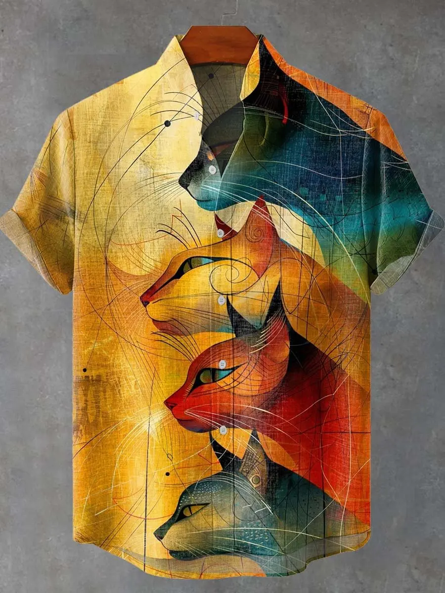 Koszula z krótkim rękawem na imprezę 2025, wzór zwierzęcy drogowy, koszula z krótkim rękawem zapinana na guziki, letnia moda, styl casual