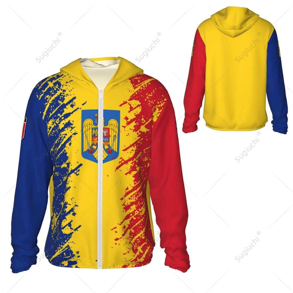 Bandeira da Romênia Sun Protection Hoodie, Roupas com protetor solar, Pesca, Ciclismo, Corrida, Secagem rápida, Manga comprida com zíper, Poliéster