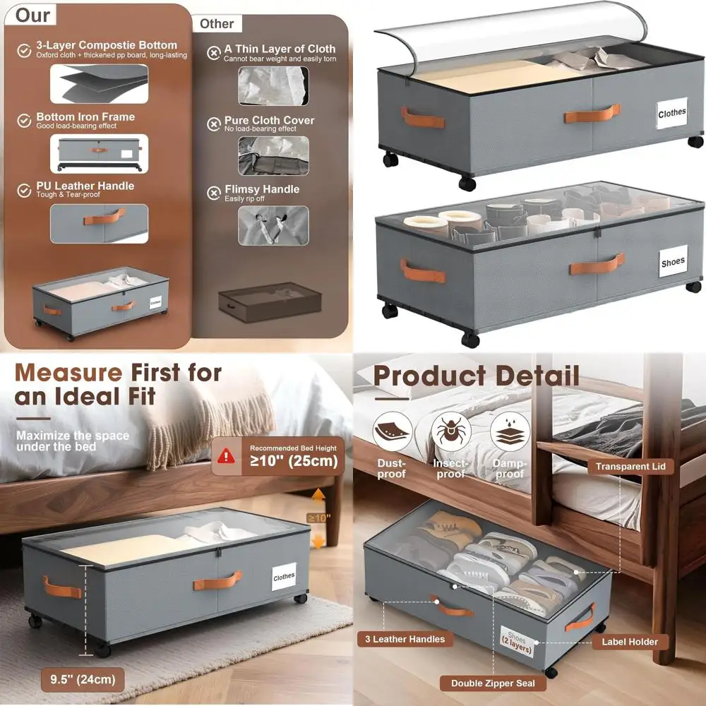 

Dual-Wheeled Underbed Storage Bins for Shoes, Clothes, and Toys - Ideal for Dorms, Bedrooms, and Nurseries