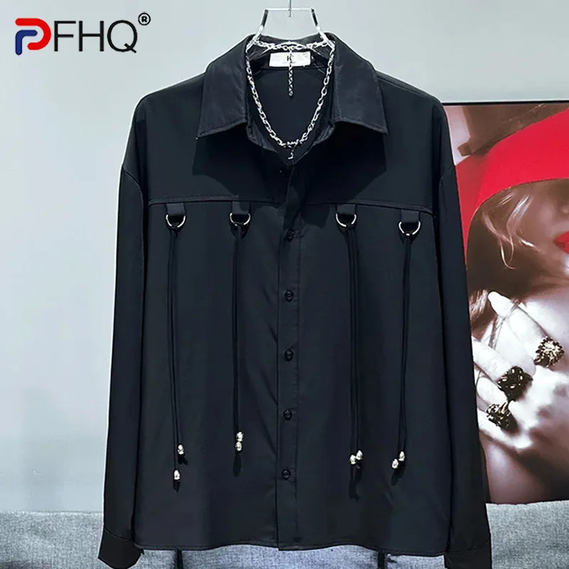 

PFHQ Fashion Design Loose Versatile Drawstring Ribbon Decoration Shirt Korean New Popular Personalized 2024 Male Tops 21Z6534