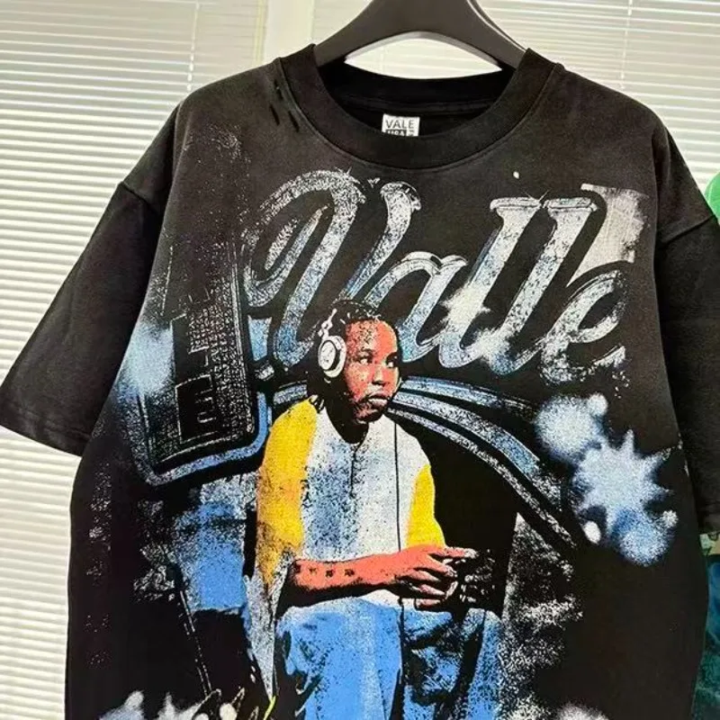 Boy Print VALLEY Oversized Black T Shirt  American Vintage Pure Cotton Valley Womens Short Sleeves Mens Top Tees