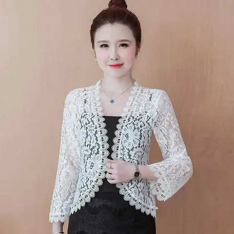 Fashion Long Sleeve Women Jacket Black White Beading Hollow Lace Cardigan Jacket Women Clothes Coat Women Jackets for Women G39