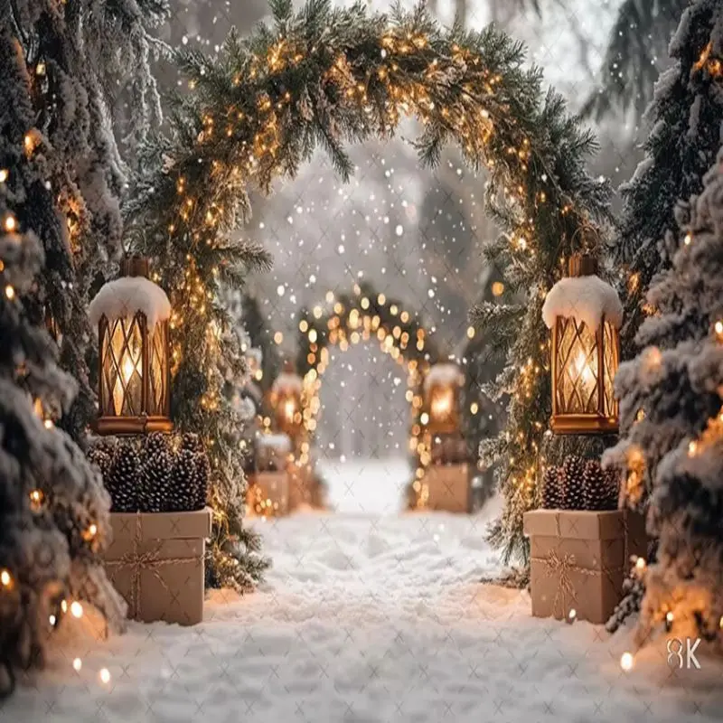 VIKAMA Photography Background Christmas Snowy Arch Lights Scene Photo Backdrop Family Party Birthday Festival Home Decor