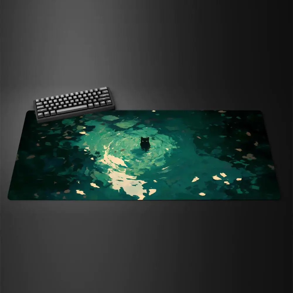 Grünes süßes schwarzes Katzen-Mauspad, großes Gummi-Anti-Rutsch-PC-Schreibtischzubehör, Mauspad für Büros und Gamer, Tastaturmatten, Dekormatte