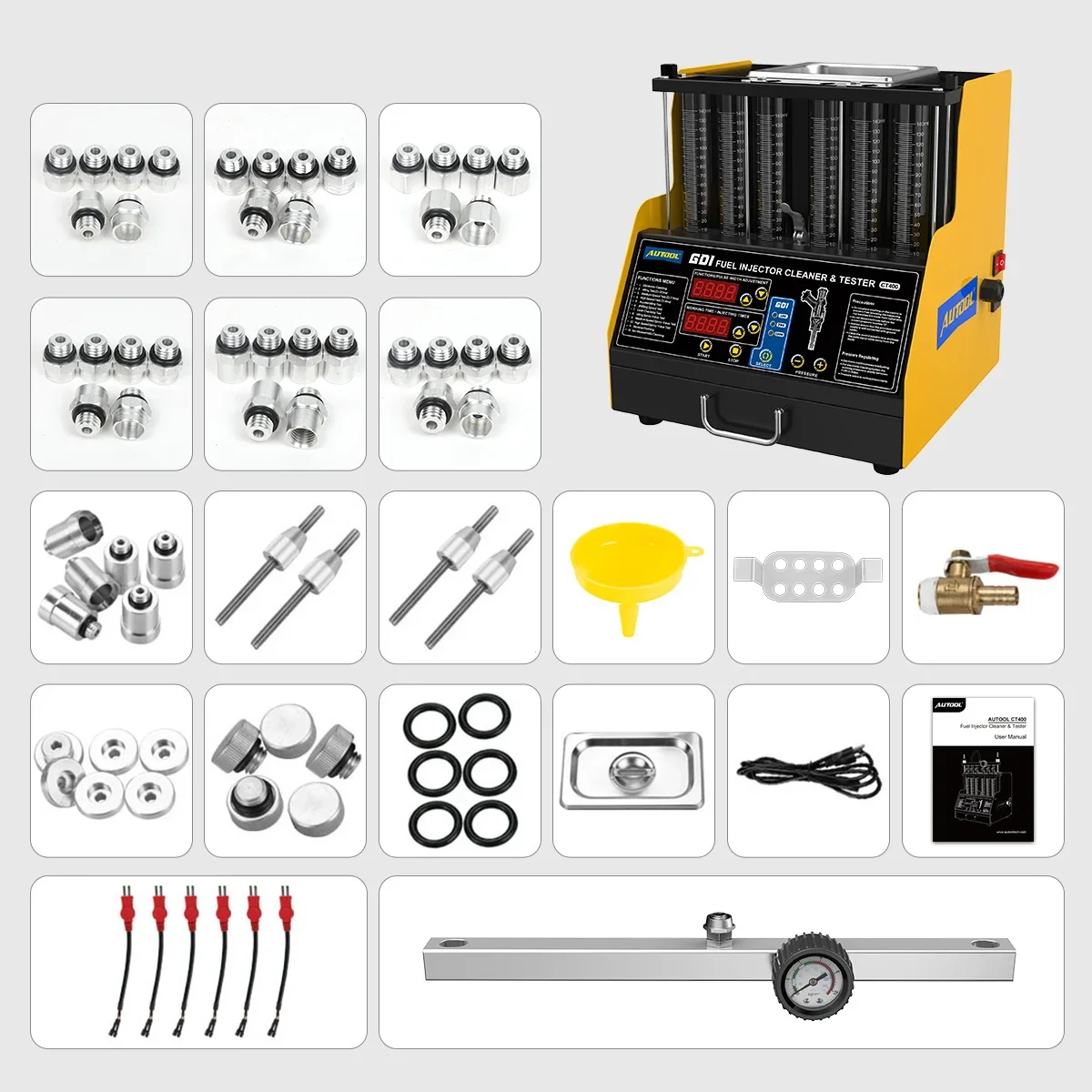 

AUTOOL CT400 GDI Fuel Injector Cleaner & Tester Machine 6 Cylinders Fuel Injector Cleaner Tester for Car & Motorcycle 110V 220V
