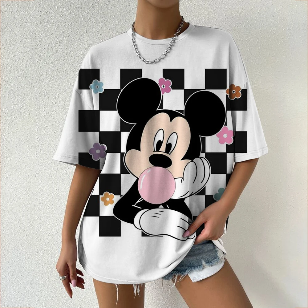

Disney Mickey Mouse Printed Women's Oversized T-Shirt Summer Streetwear Party Outfits Casual Styles with Checkerboard & Floral