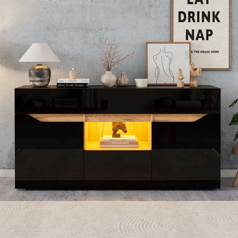 Mueble de Salón, Aparador con 4 Cajones, Armario con Dos Compartimentos, Mueble Auxiliar con Iluminación LED, Negro+Color Madera