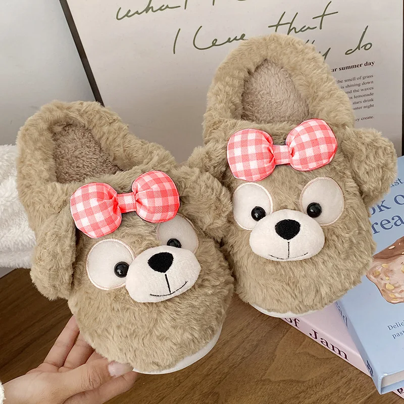 

Disney Cute Bear Cotton Slippers for Women Autumn Winter Cartoon Figure Kawaii Indoor Homewear Non-slip Warm Girls Plush Gifts