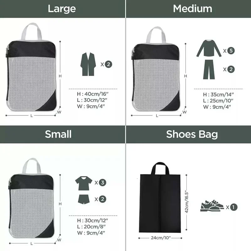 4PCS Compression Bags Large Travel Organiser Suitcases Packing Cubes Travel Storage Luggage Packing Cube Mesh Bag