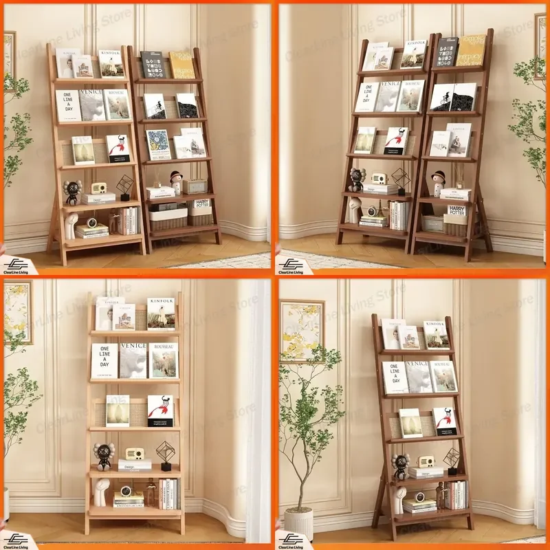 Plastic Rattan Magazine Rack Black Book Newspaper Holder Floor Standing Solid Wood Bookshelf Household Display Stand for Kids
