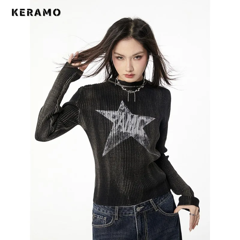 

American Vintage Knitting Long Sleeve Casual Stars Print Pullovers 2023 Winter Women Round Neck Ladies Loose Female Sweater Top