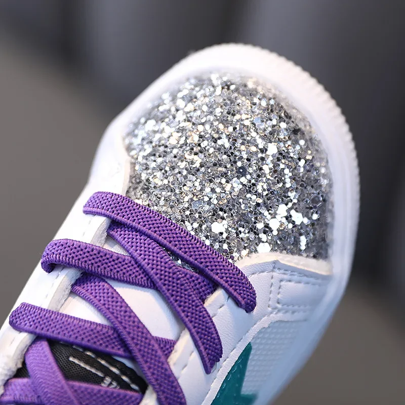 Children New Casual Sneakers Fashion Glitter Sequins Soft Bottom Breathable Board Sneaker Shoes Baby Girls Lace Up Sports Shoes