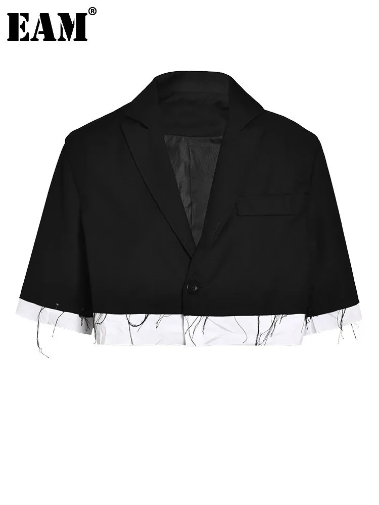 EAM-Blazer court et grande taille pour femme, blazer noir bavure, manches mi-longues, veste adt, mode printemps automne, nouveau, 1DF9705, 2024