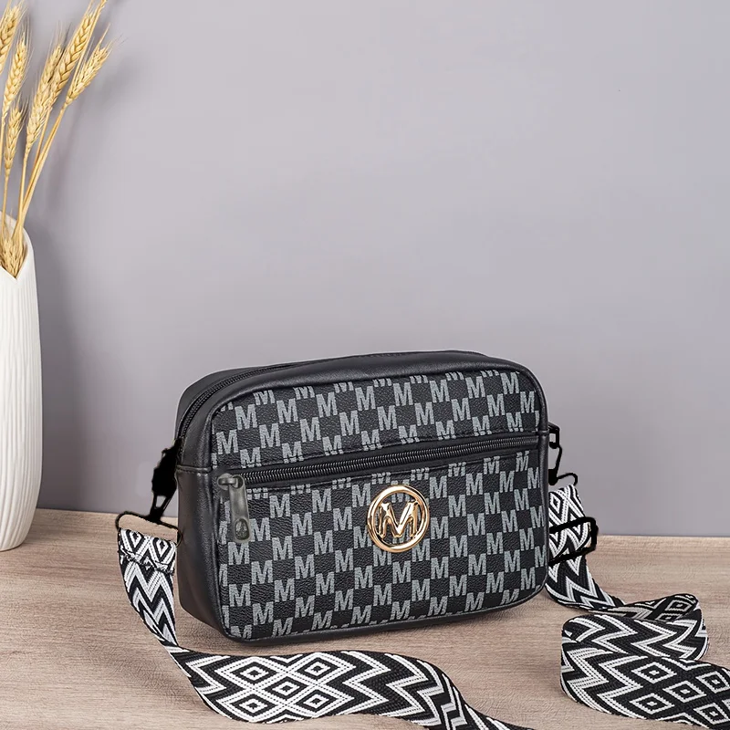 Women Crossbody Bag Vintage M Letter Print Camera Bag, Wide Adjustable Geometric Strap PU Leather Shoulder Handbag, Lightweight