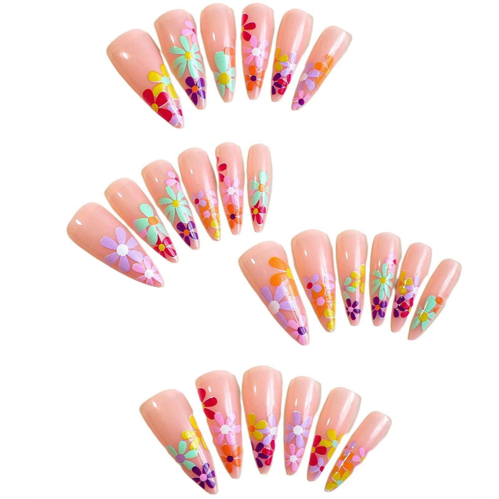 Colorful Flower Almond Fake Nails Soft & Flexible No Pressure on Nail Beds Nails for Easily Gardening House Working