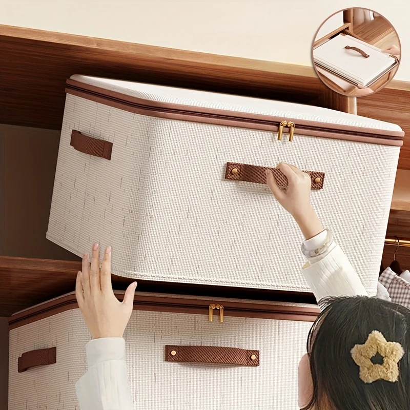 

Ящик для хранения льна Tianshan с усиленной ручкой, ящик для хранения одежды на молнии, ящик для хранения домашней спальни. Складной