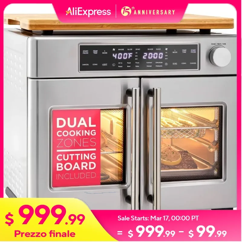 Air Fryer French Door Oven 32 Qt Convection Toaster Combo 10-in-1 Multifunction Up to 450° - 1800W  Temperature Control