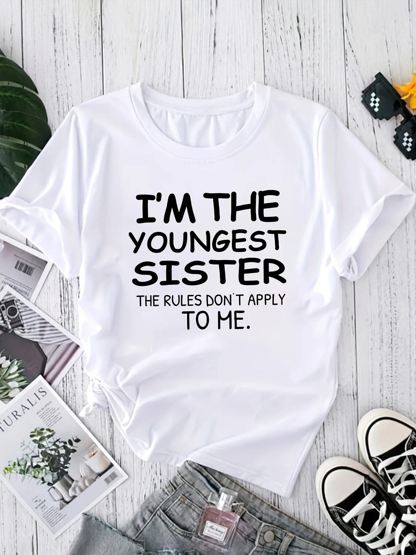 Youngest Sister Print T-Shirt, Casual Crew Neck Short Sleeve Top For Spring & Summer, Women's Clothing