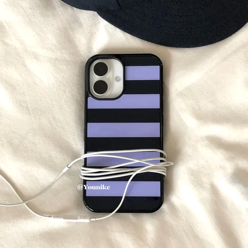 Korean Ins Purple and Black Stripes Phone Case For iPhone 17 Air 16 Pro Max 15 14 Plus 13 12 11 Shockproof Silicone Back Cover - view 5