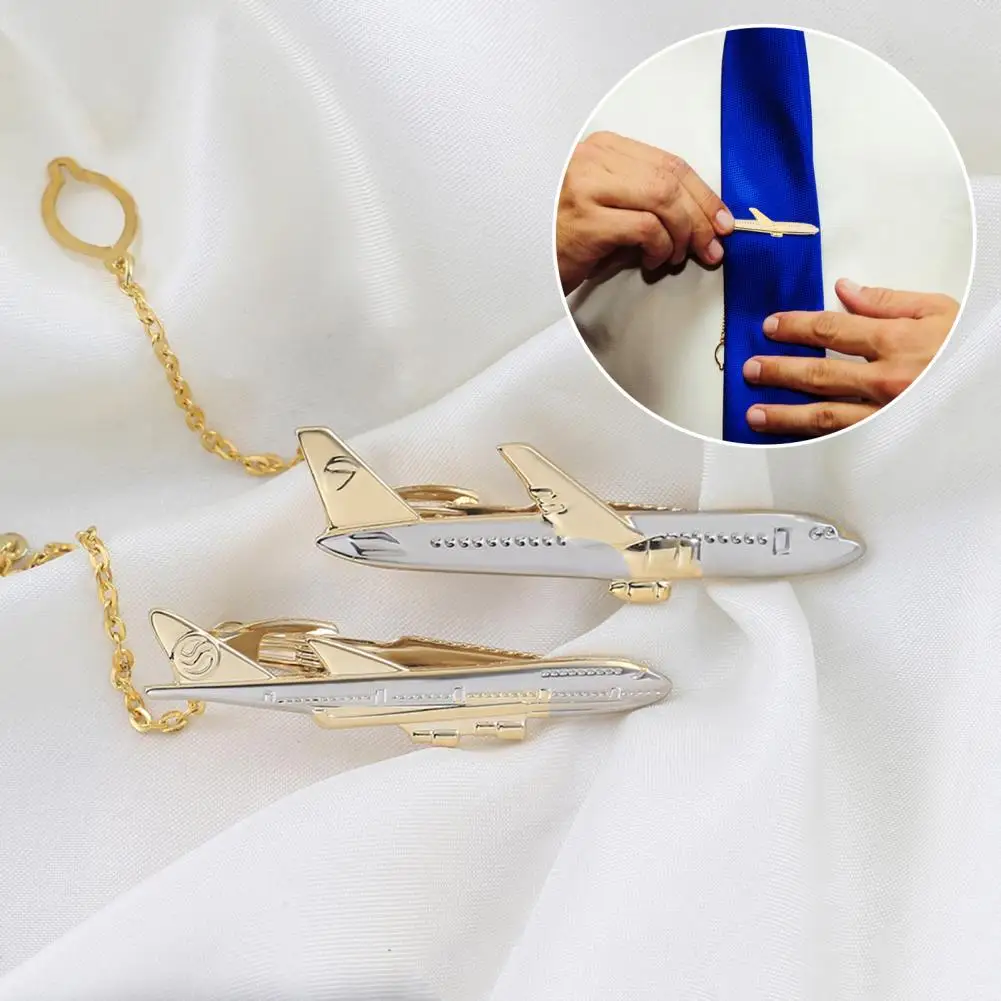 Necktie Clip Shirt Tie Pin Aircraft Clips Men Tie Clip Golden Airplane Chain Styling Lapel Pin Tie Tack Jewelry Wedding Gifts
