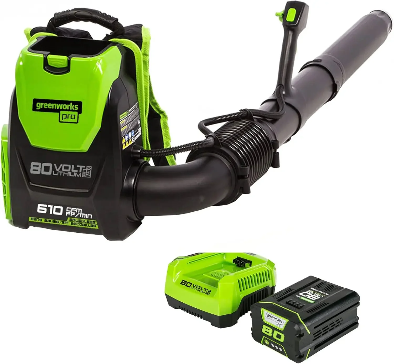 

Greenworks 80V 180 MPH / 610 CFM / 75+ Compatible Tools Cordless Brushless Backpack Blower 2.5Ah Battery Rapid Charger Included