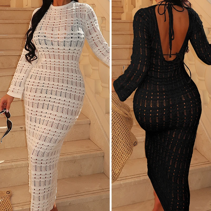 

Новое стильное платье с длинным рукавом и открытой спиной на завязках, трикотажное длинное платье с вырезами, женское пляжное праздничное платье для купания от солнца