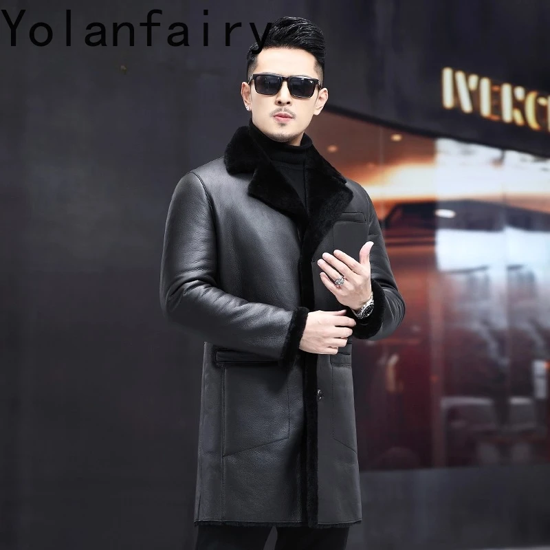 YOLANFAIRY Real Wool Fur Coat Man Genuine Sheepskin Leather Jacket Men Winter Mid-length Warm Natural Mens Fur Coats Suit Collar