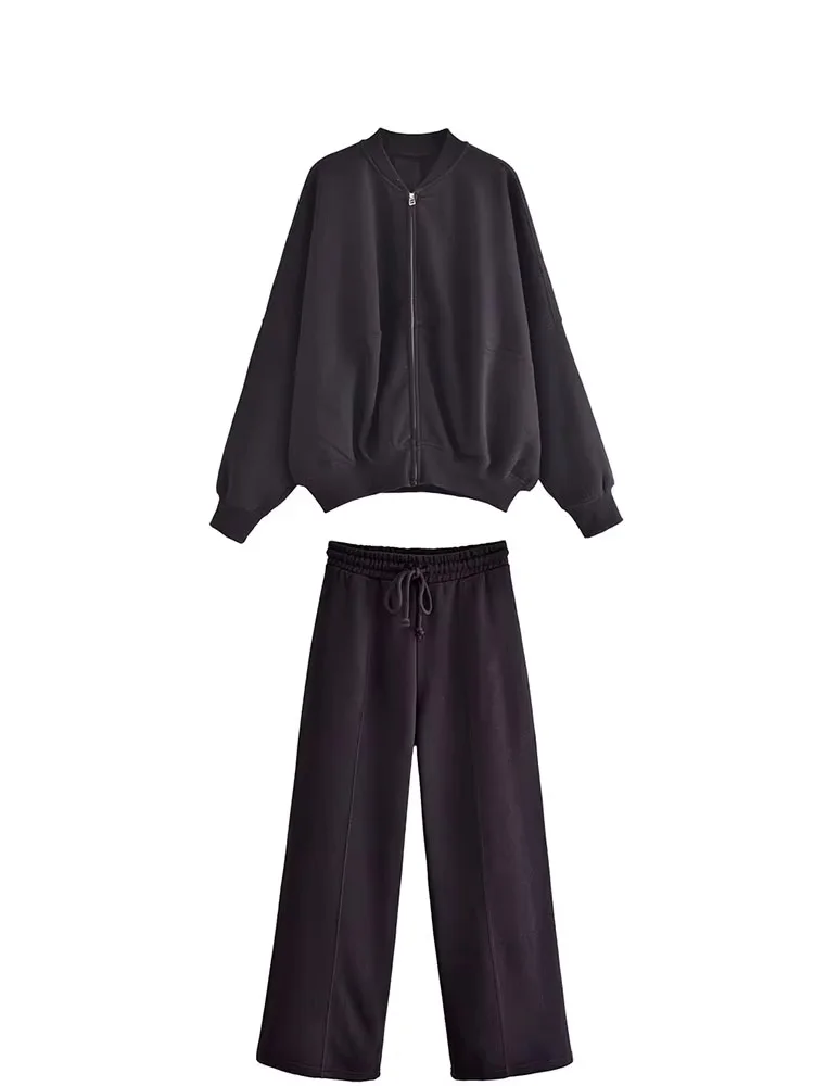 여성용 솔리드 스포츠웨어 세트 긴 소매 지퍼 봄버 재킷 코트 캐주얼 드로스트링 팬츠 가을 여성 Y2K 스웨트셔츠 세트