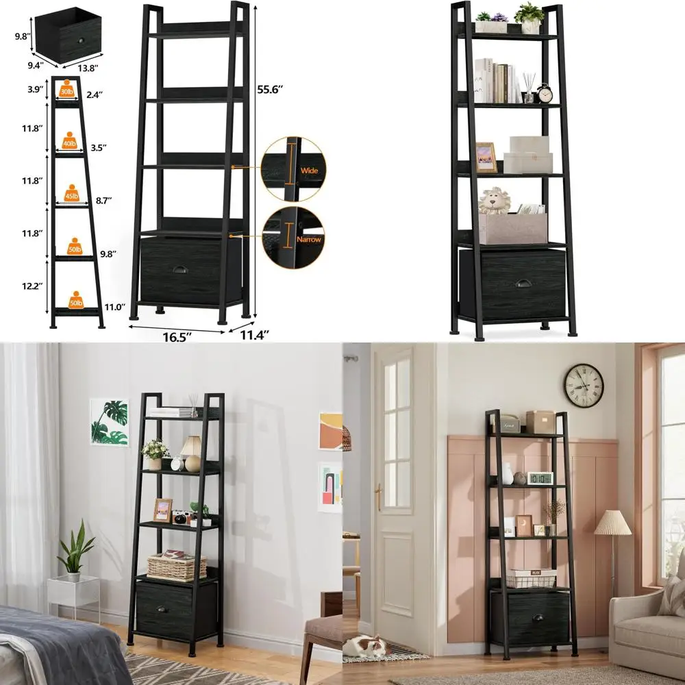 

5-ярусная узкая книжная полка-стеллаж, 55,6 дюймов в высоту, в индустриальном стиле, для дома, офиса, гостиной, спальни - черная