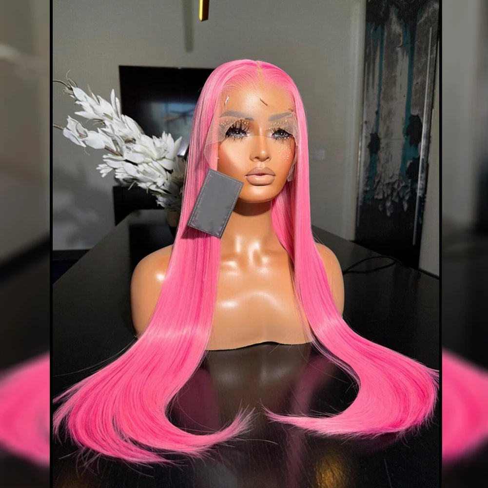 AIMEYA Pink Lace Wig Long Silky Straight Synthetic Lace Front Wigs for Women Heat Resistant Synthetic Hair Daily Use Cosplay