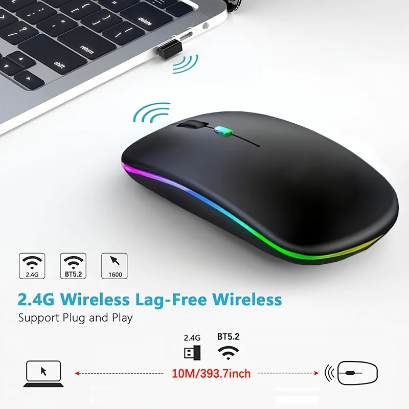 Mouse Sem Fio, Mouse Óptico Portátil Ultrafino Silencioso Recarregável 2.4G+BT5.2, Adequado para Tablets/Computadores/Notebooks