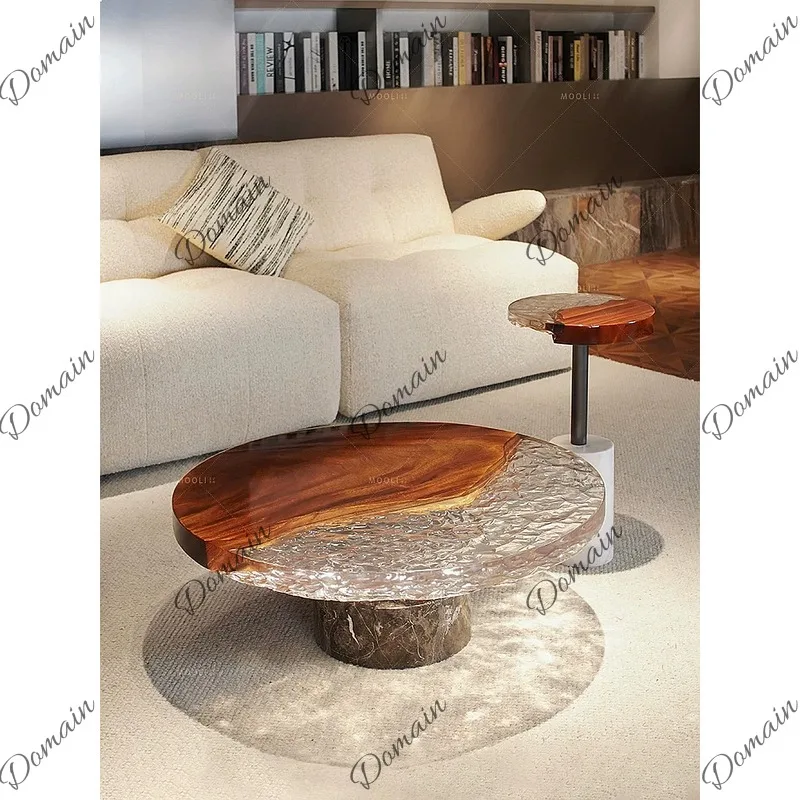Modern Solid Wood Coffee Table Glacier River Walnut Round Small Space Living Room Set