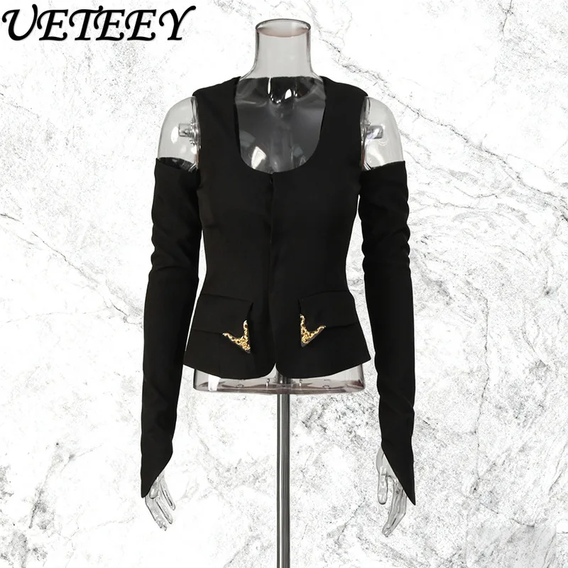 

2025 New Autumn Fashion European Waist Cinching Vest Jacket U-Neck Pocket Metal Splicing Solid Fashion Vest Coat with Sleeve