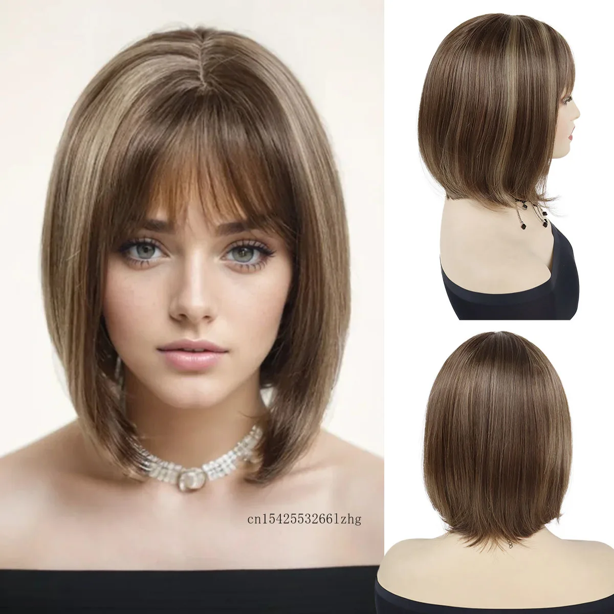 

Female Brown Synthetic Bob Wig with Bangs Natural Hairstyles for Women Short Straight Hair Mommy Wigs Mixed Brown Highlights