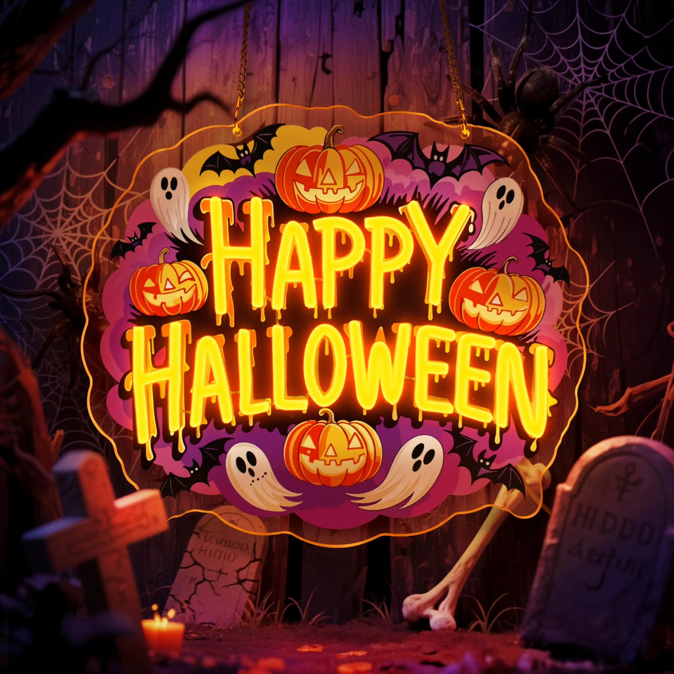 Happy Halloween LED Neon Sign for Wall Decor Halloween Party Spooky Room Bar Window USB Power Dimmer Switch Orange Light