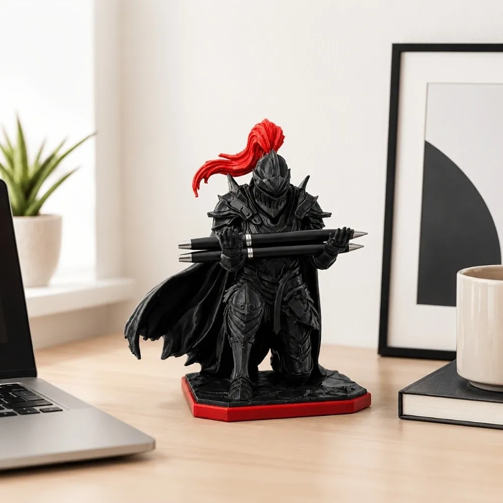Plastic Kneeling Knight Pen Holder Statue Novelty Gift Red Plume Dark Knight Desktop Pen Holder 3D Printed