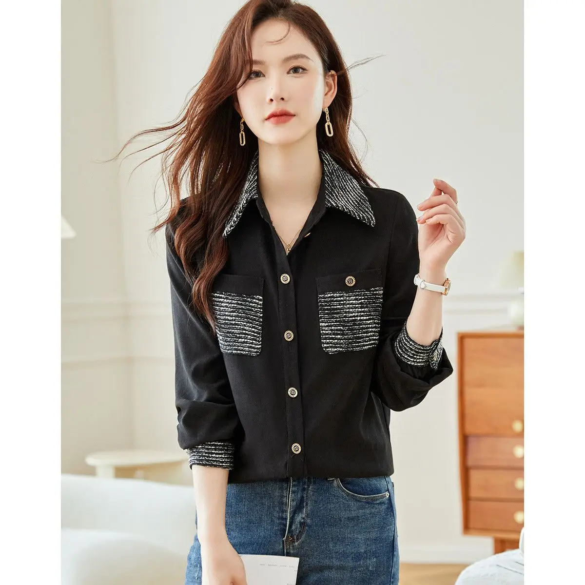 

Элегантная темпераментная сращенная рубашка для женщин, весенне-осенняя новая модная повседневная универсальная модная рубашка контрастного цвета контрастного цвета, топ