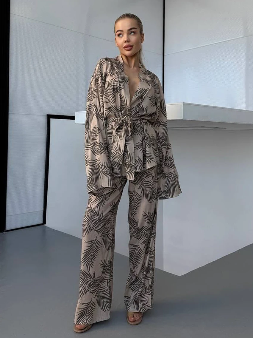 

Женский пижамный комплект Marthaqiqi с принтом, сексуальный халат с v-образным вырезом, ночная рубашка с длинными рукавами, одежда для сна на шнуровке, брюки, осенняя женская ночная рубашка, костюм