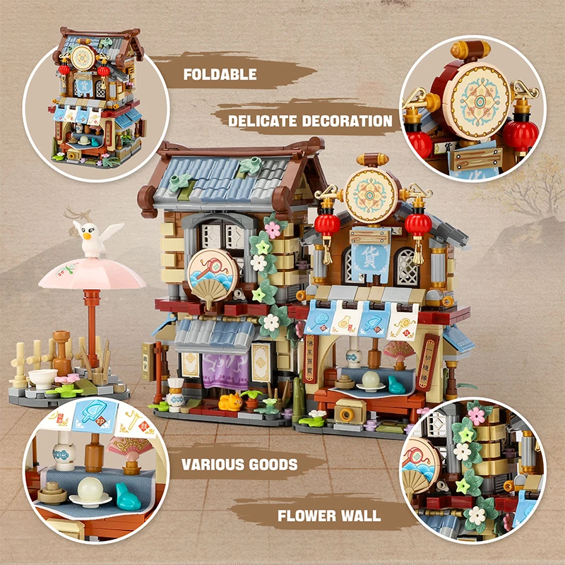 LOZ Creative Folded StreetView Grocery Store Post Station Building Bricks DIY Mini Chinese Style Puzzle Girls Gifts Children Toy