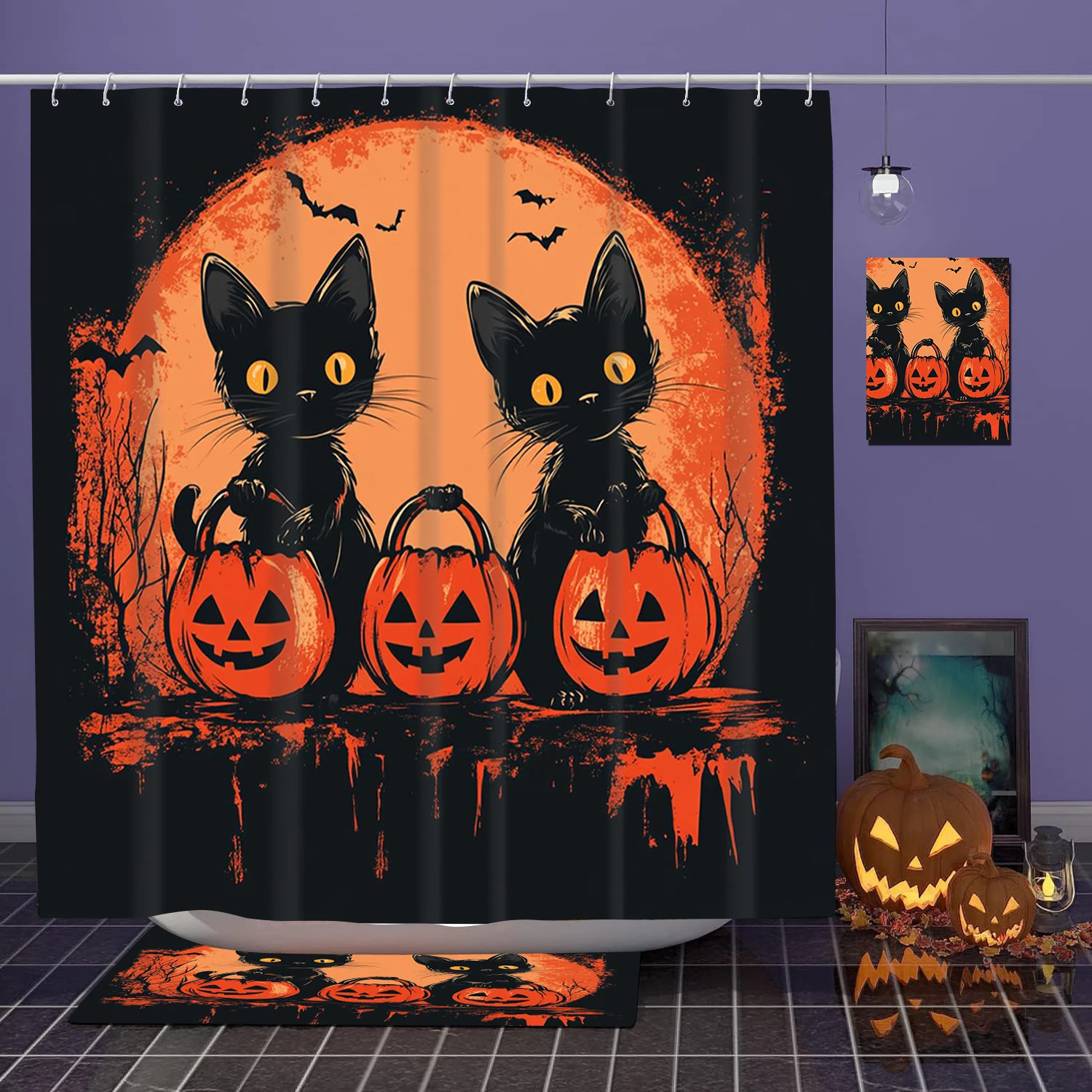 

2025 Halloween Cats Pattern Bathroom Shower Curtain With 12 Hooks Home bathroom decor and accessories