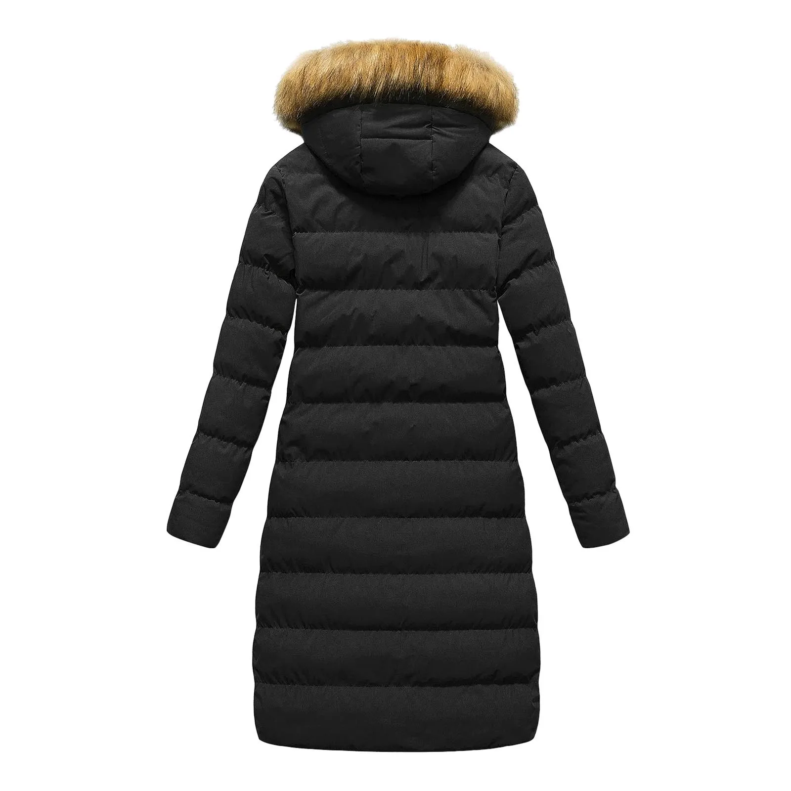 Women's Winter Hooded Long Down Jacket Coat Fur Collar Thick Warm Outcoat Solid Color Parkas Zipper Pocket Overcoat 2025 New