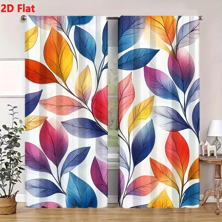 2Pcs Curtains 2D Flat Vibrant Colorful Repeating Pattern Stylized Leaves On Thin Stems With Gradient Shading And Fine Black Vein 4