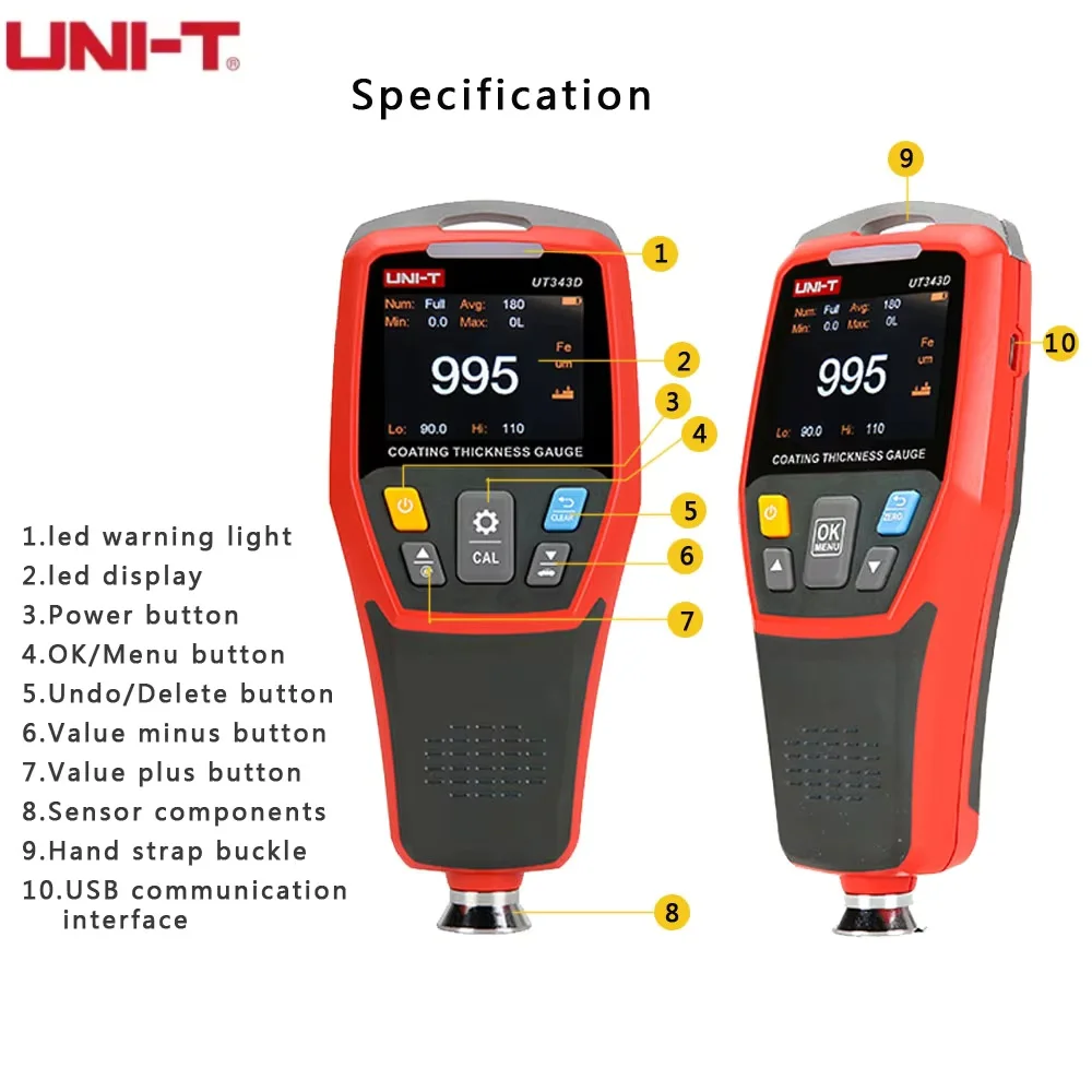 Измеритель толщины покрытия UNI-T UT343D: Автоматический магнитно-индукционный тестер толщины лакокрасочного покрытия автомобиля с ручной калибровкой и ЖК-дисплеем